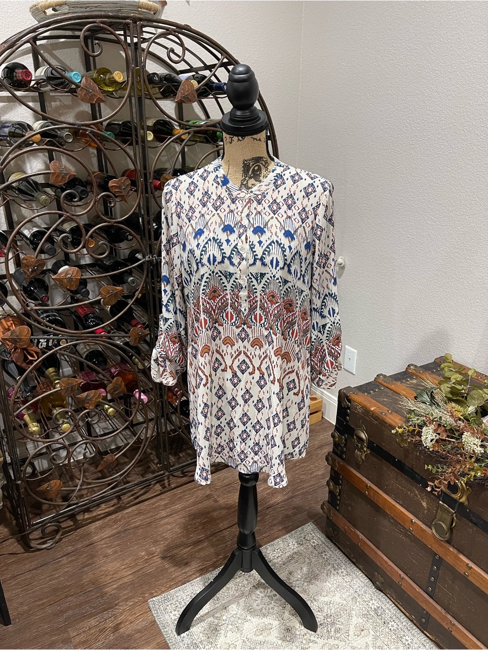 About A Girl Cream Blouse with Blue and Rust Southwestern Print
